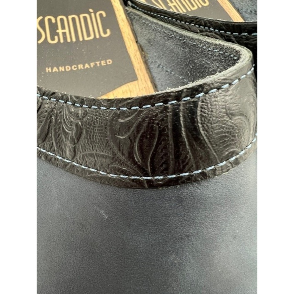 Scandic Clogs Women 38 Navy Blue Good Handcrafted Leather Floral Trim Wood Heel - Picture 3 of 9